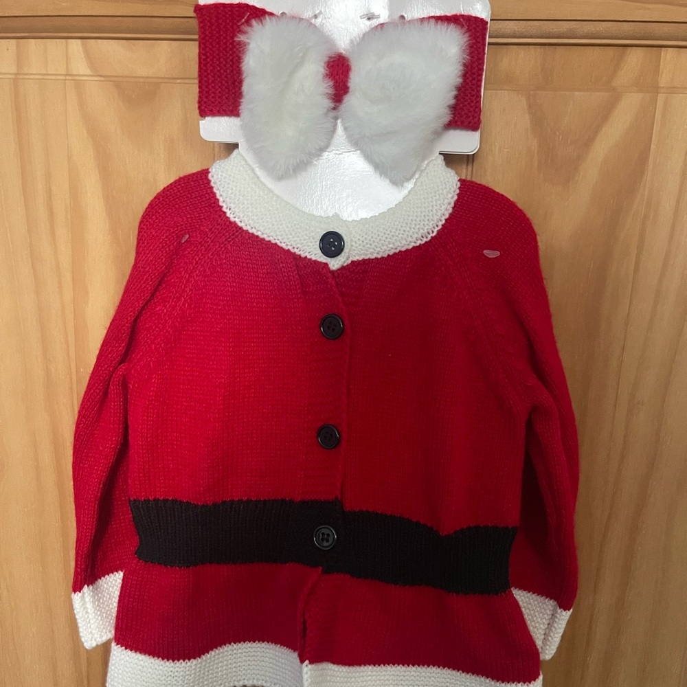 New With Tags, Baby Girls Size 0-6 Months Button Up Santa Sweater With Headband